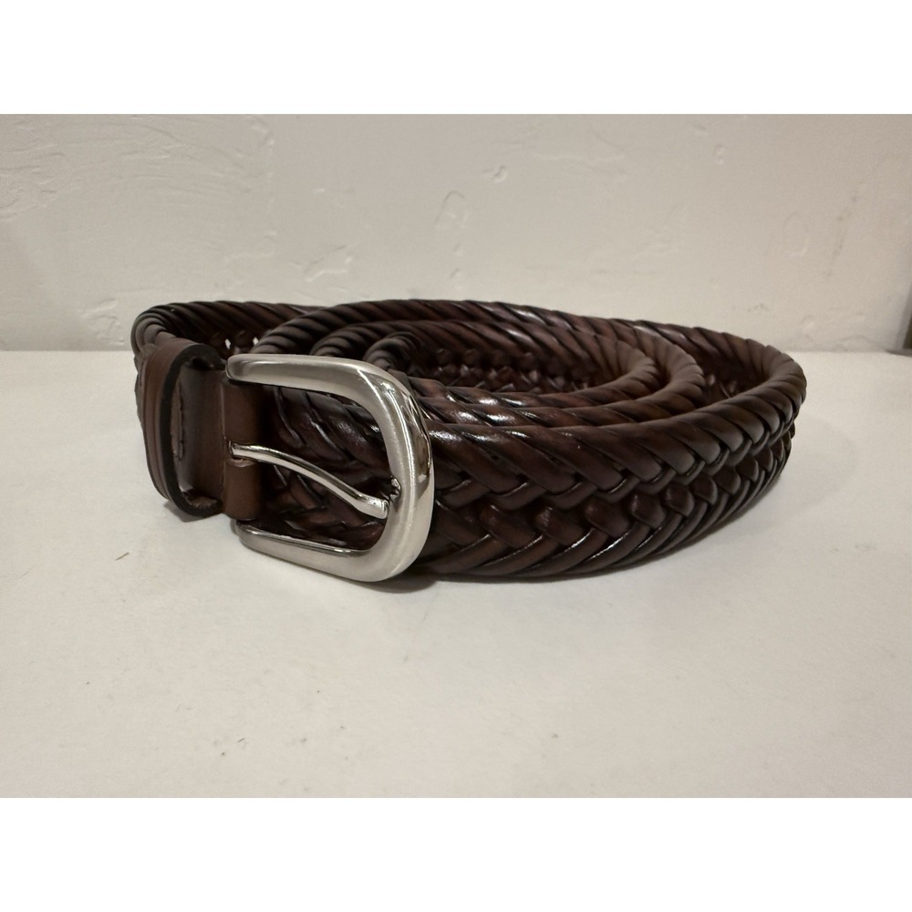 Mens Thick Braided Leather‎ Belt 44 Brown Heavy Duty Woven Casual Silver Buckle